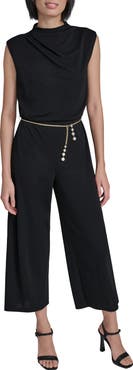 KARL LAGERFELD Jersey Jumpsuit with Faux Pearl Chain Belt
