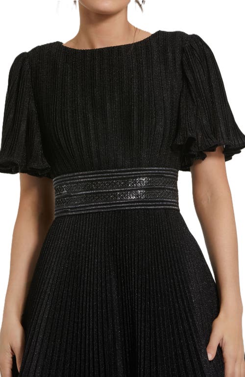 Mac Duggal Pleated Shimmering Georgette Flutter Sleeve Gown In Black