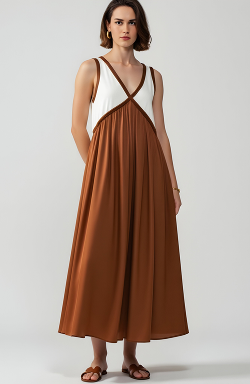 Modenaire Sleeveless Colorblock Maxi Dress With Empire Waist And V-neckline In Multi