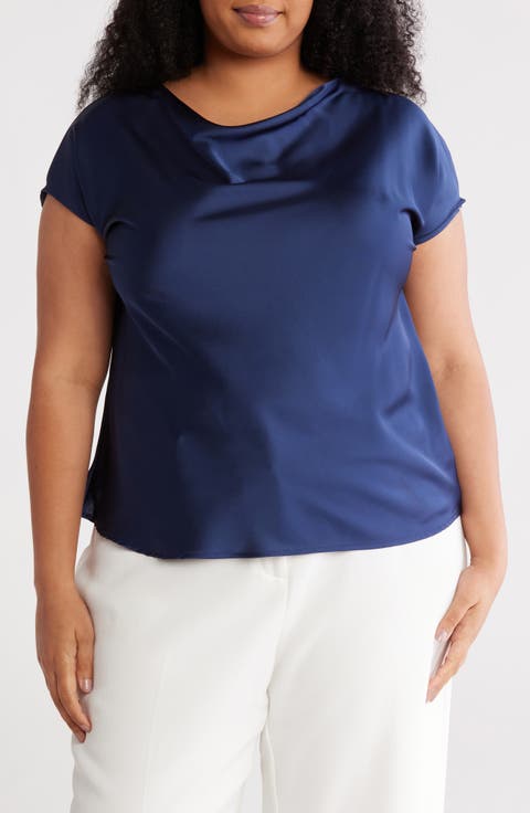 Cowl Neck Short Sleeve Satin Top (Plus)