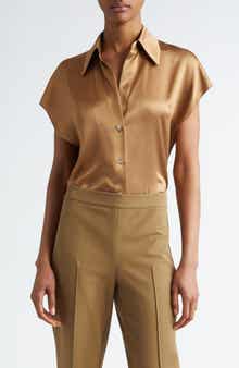 Vince Cap Sleeve Gathered Back Short Sleeve Silk Button-Up Shirt