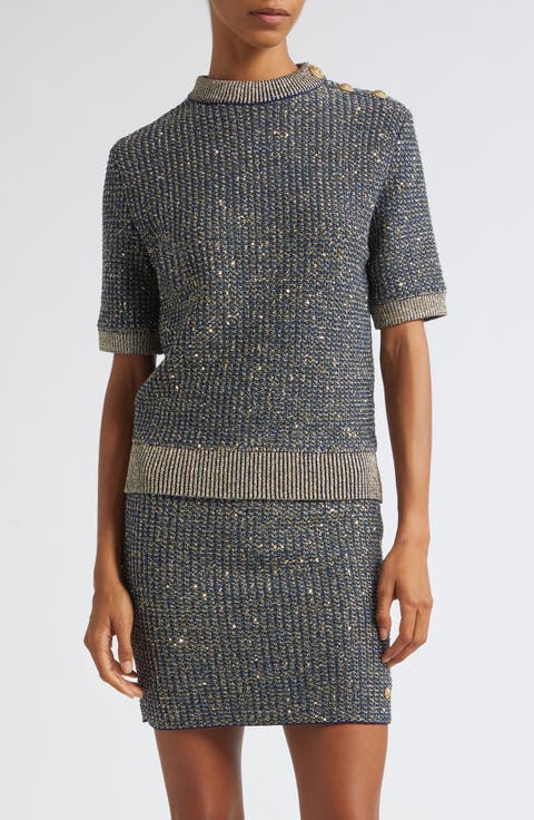 Sequin Crewneck Tweed Sweater