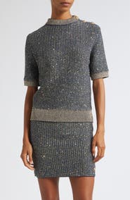 Balmain Sequin Crewneck Tweed Sweater