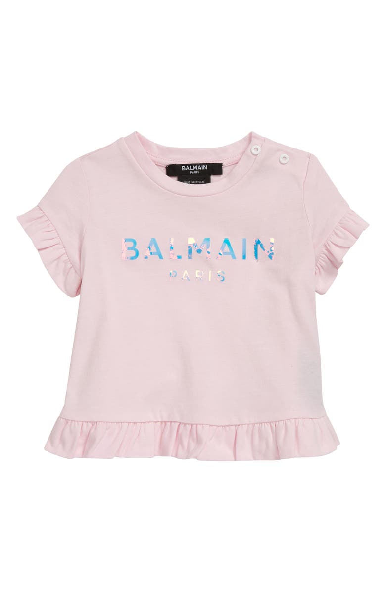 Balmain Iridescent Logo Ruffle Hem Graphic Tee, Main, color, 540 Pink