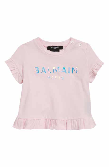 Balmain Iridescent Logo Ruffle Hem Graphic Tee
