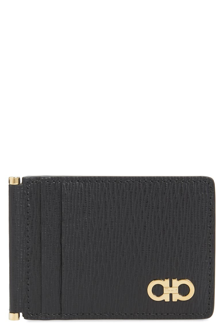 Salvatore Ferragamo Revival Leather Folding Card Case, Main, color, BLACK / BLACK