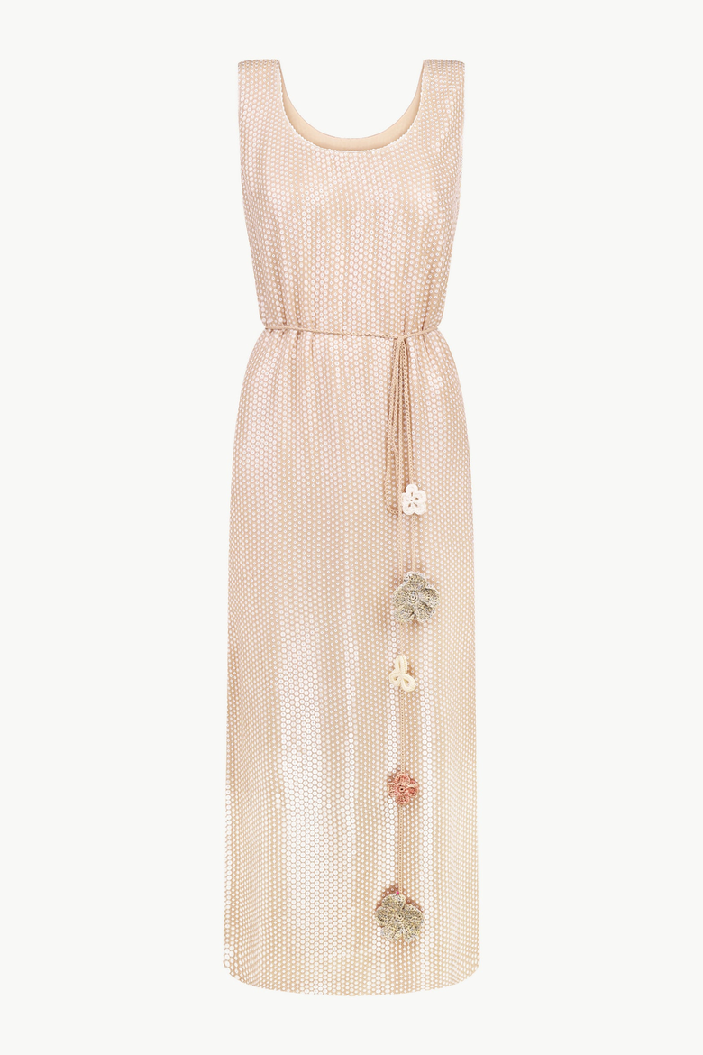 Sleeveless Sequin Maxi Dress With Floral Tassels, Main, color, Beige
