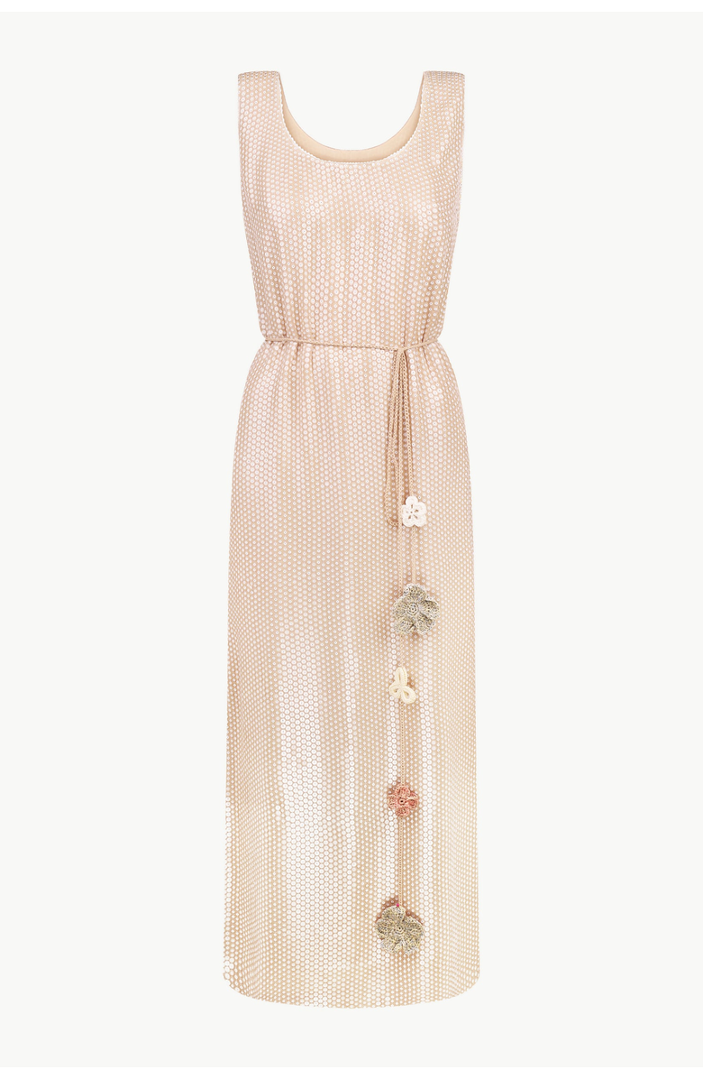 Malva Florea Sleeveless Sequin Maxi Dress With Floral Tassels, Main, color, Beige