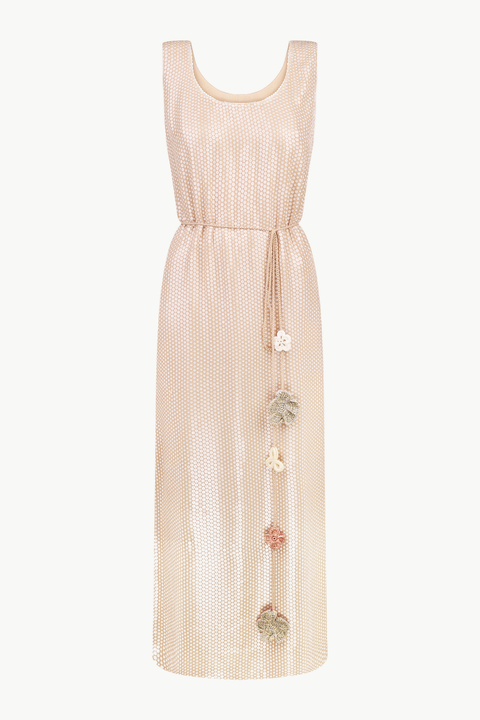 Sleeveless Sequin Maxi Dress With Floral Tassels