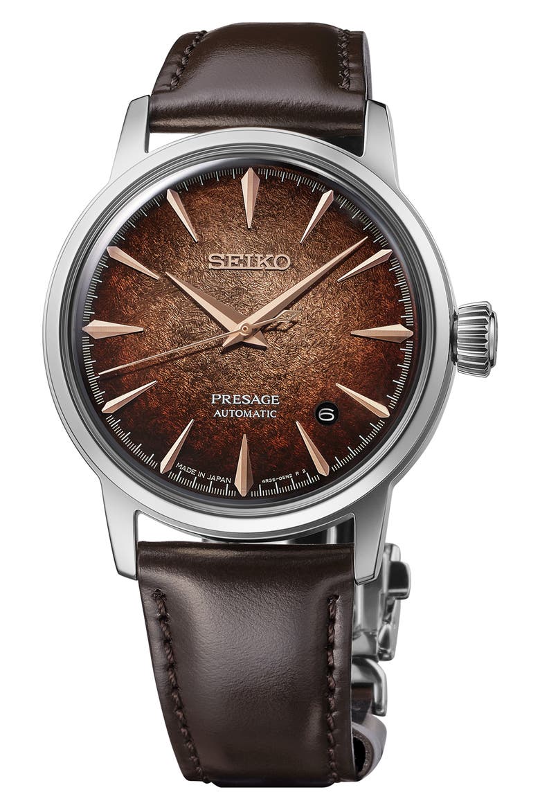 Presage Cocktail Time Automatic Leather Strap Watch, 38.5mm, Main, color, BROWN