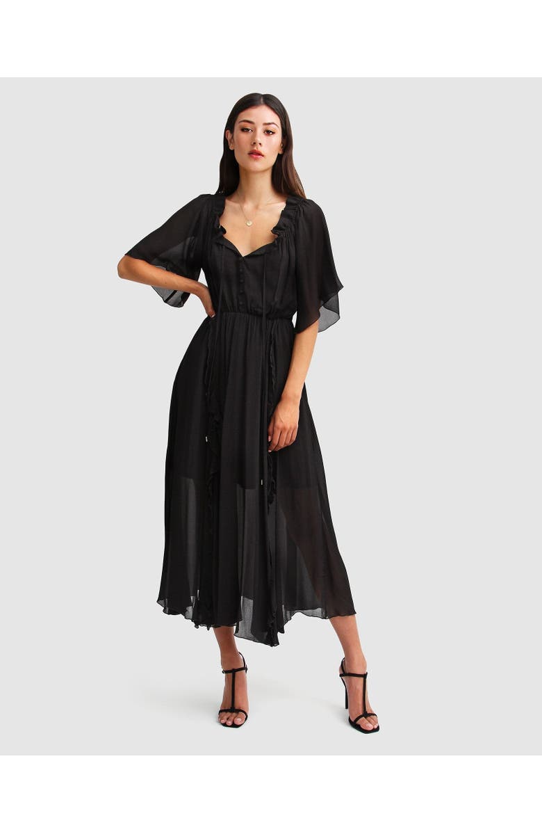 Belle & Bloom Amour Amour Ruffled Midi Dress, Main, color, Black