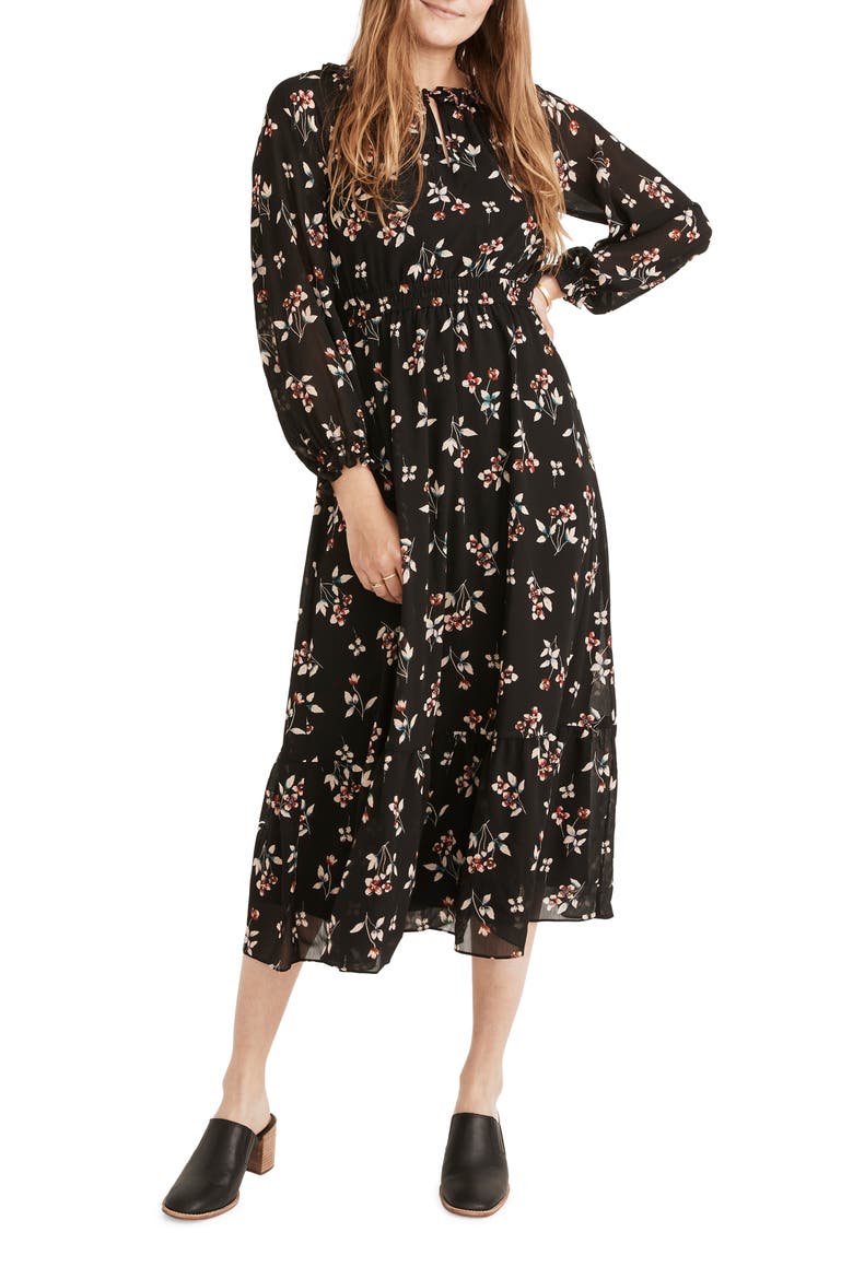 Posy Floral Gathered Neck Ruffle Dress, Main, color, TRUE BLACK