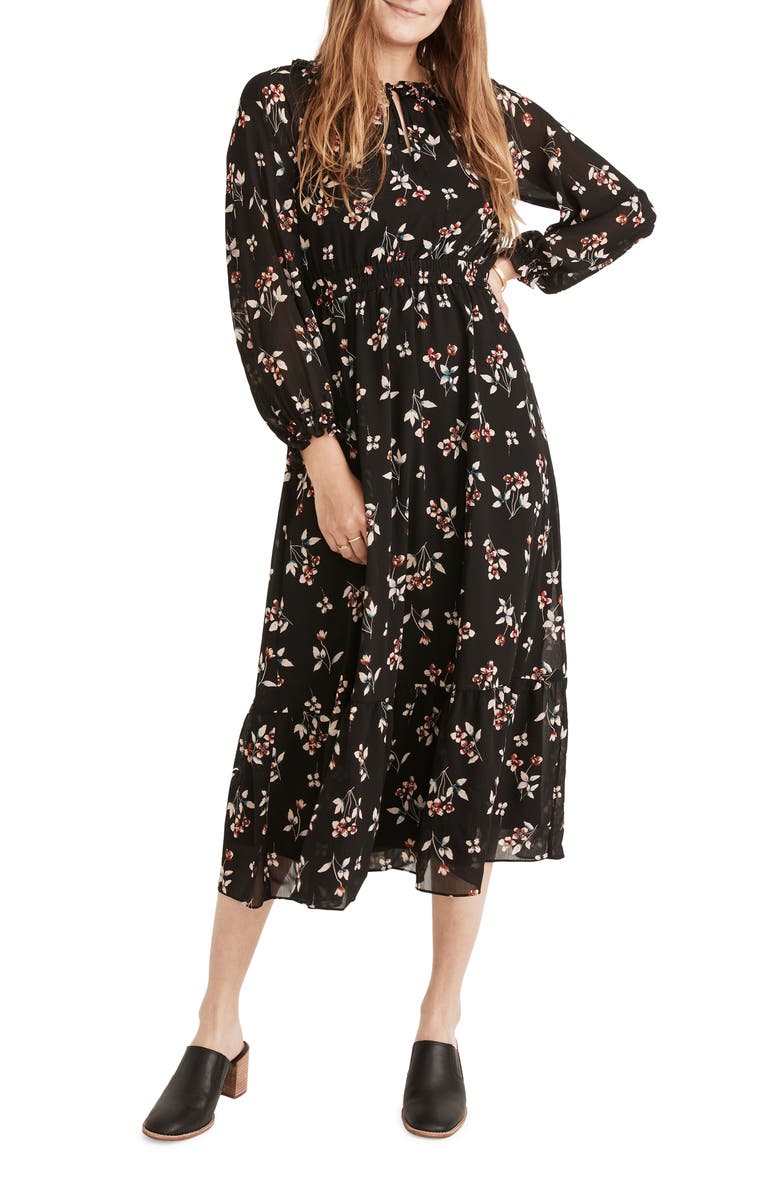 Madewell Posy Floral Gathered Neck Ruffle Dress, Main, color, True Black