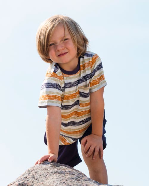 Deux Par Deux Little Boy's Printed Organic Cotton Tee Navy Striped, Orange, And Lime Green In Navy Striped Orange And Lime