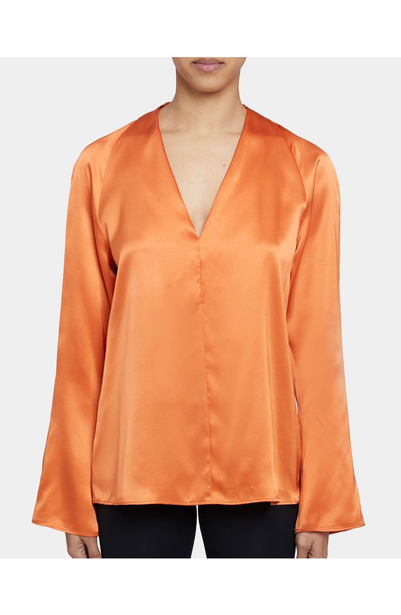 Santorelli Zuri Long Sleeve V-Neck Blouse in Silk Charmeuse, Main, color, Orange Glow