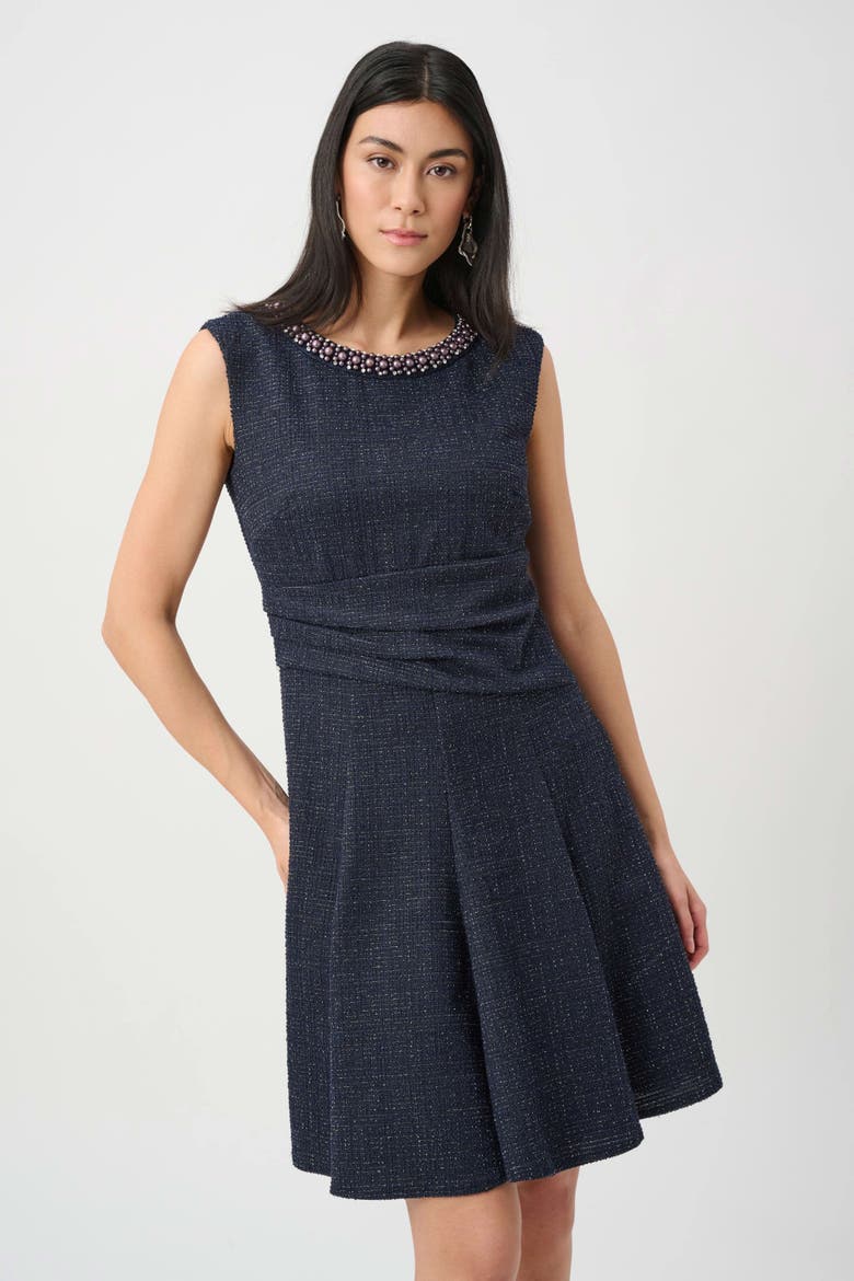Lurex Boucle Flounce Dress with Pearl Trim, Main, color, Navy/Black