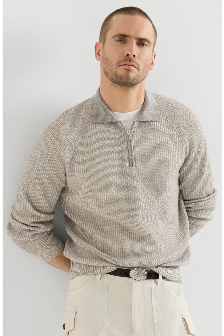 Cashmere vanisé English rib knit polo with half zip, Alternate, color, Grey