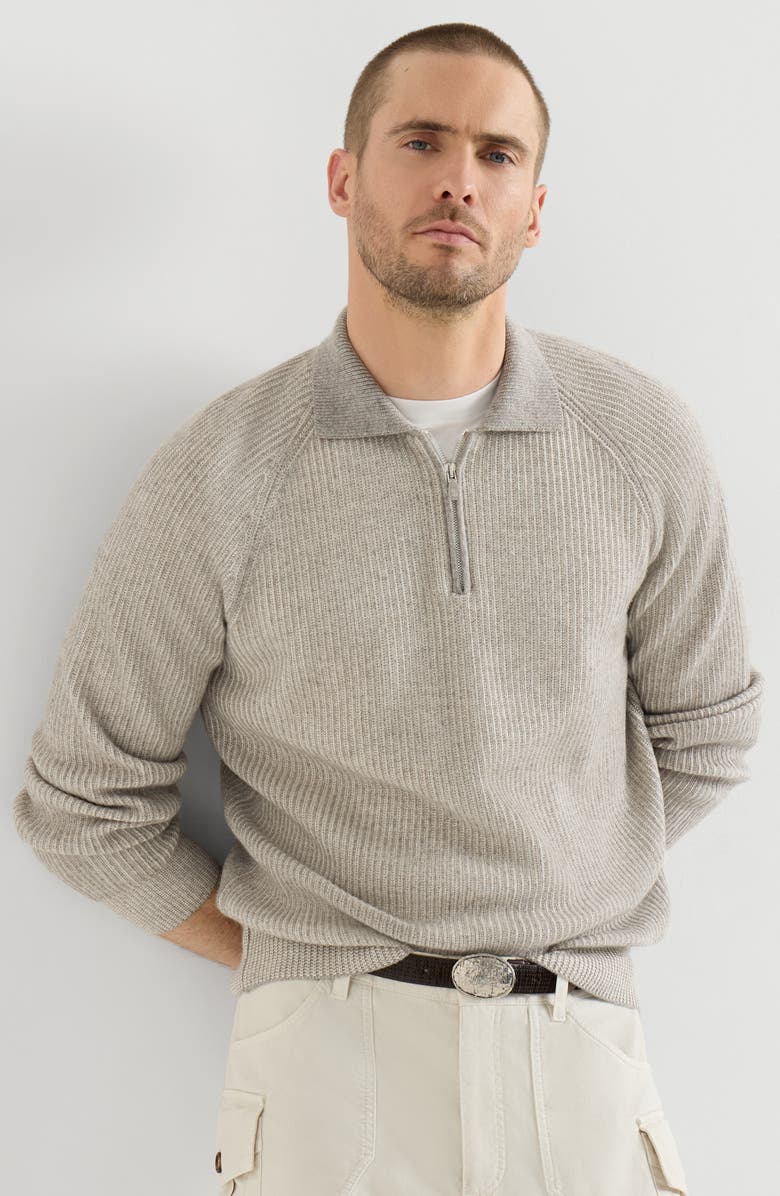 Brunello Cucinelli Cashmere vanisé English rib knit polo with half zip, Alternate, color, Grey