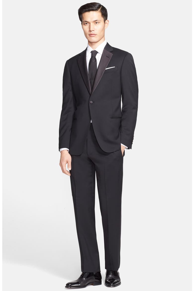 Armani Collezioni 'Giorgio' Trim Fit Notch Lapel Tuxedo, Main, color, SOLID BLACK