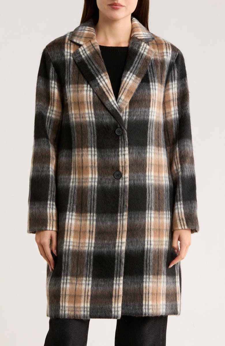 Lucky Brand Plaid Single Breasted Coat, Main, color, Black Fuzzy Plaid