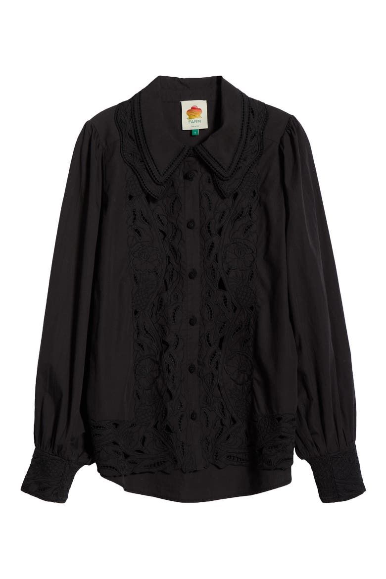 Embroidered Eyelet Puff Sleeve Button-Up Shirt, Alternate, color, BLACK