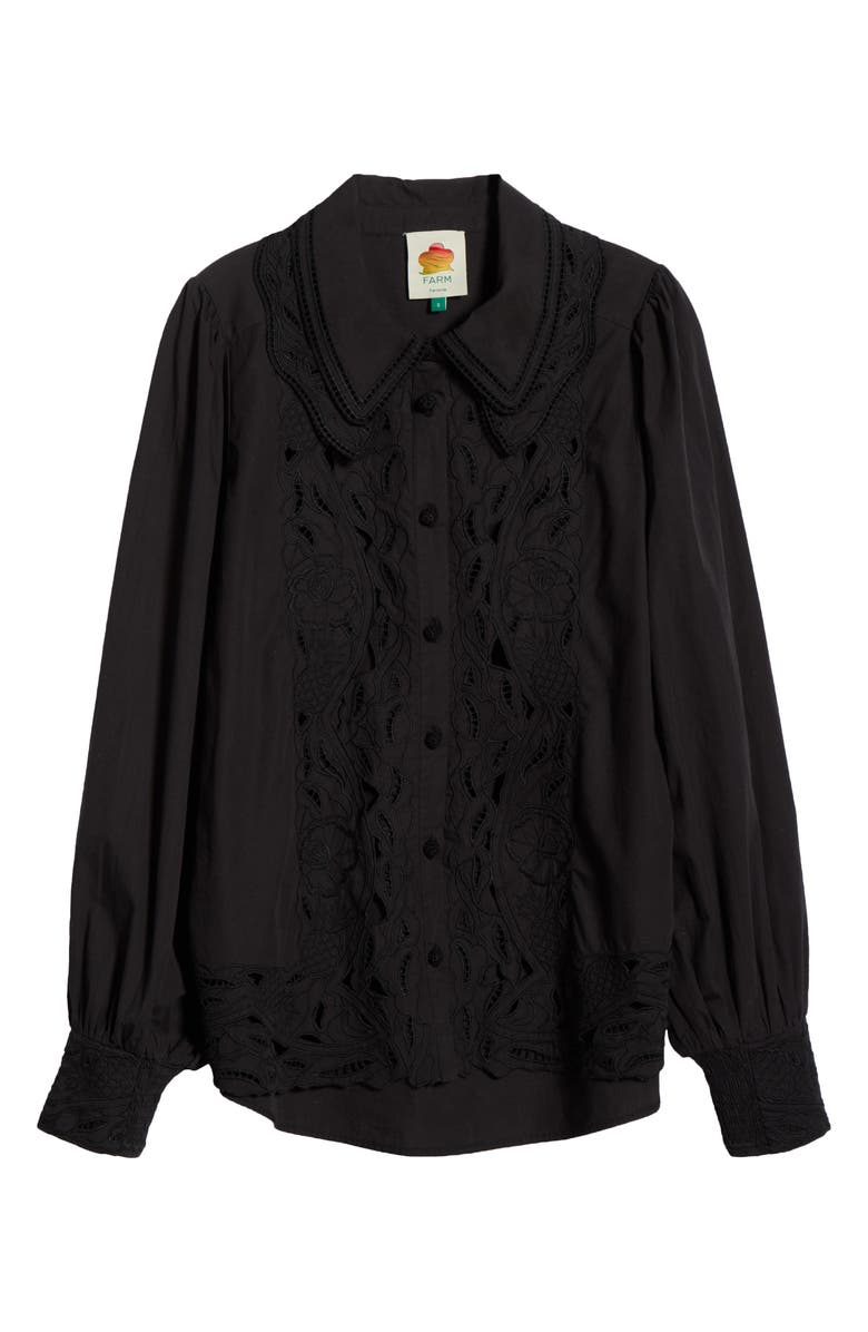 FARM Rio Embroidered Eyelet Puff Sleeve Button-Up Shirt, Alternate, color, Black