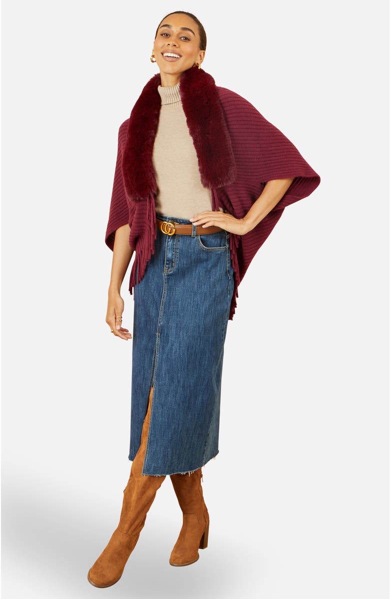 Yumi Faux Fur Collar Tassel Hem Shrug, Alternate, color, Burgundy