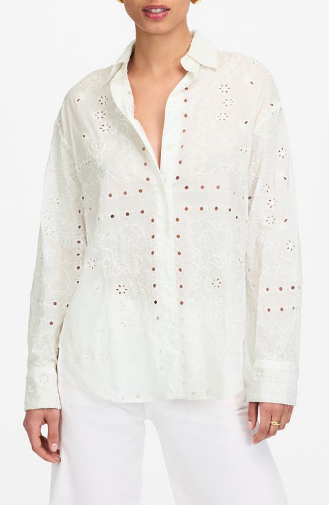 Eyelet Oversize Button-Up Shirt