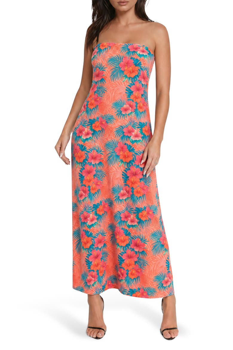 Strapless Printed Satin Maxi Dress, Main, color, BLUE PINK