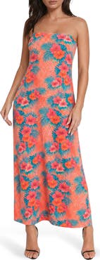 bebe Strapless Printed Satin Maxi Dress