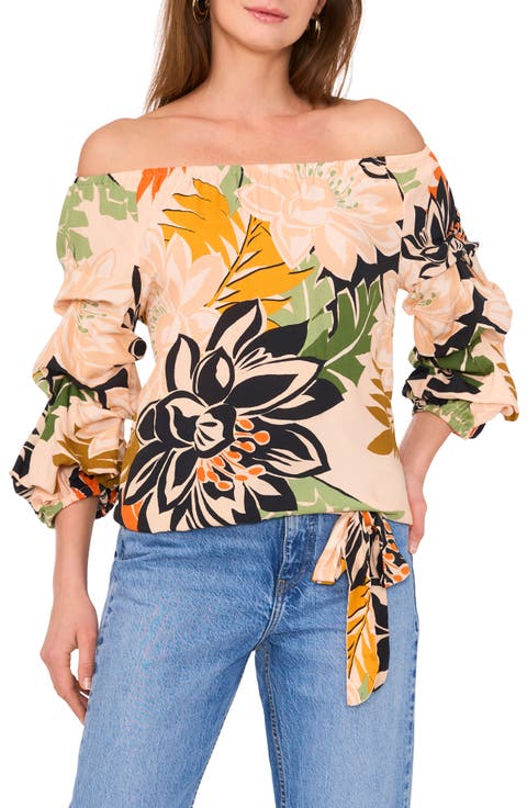 Floral Off the Shoulder Bubble Sleeve Top