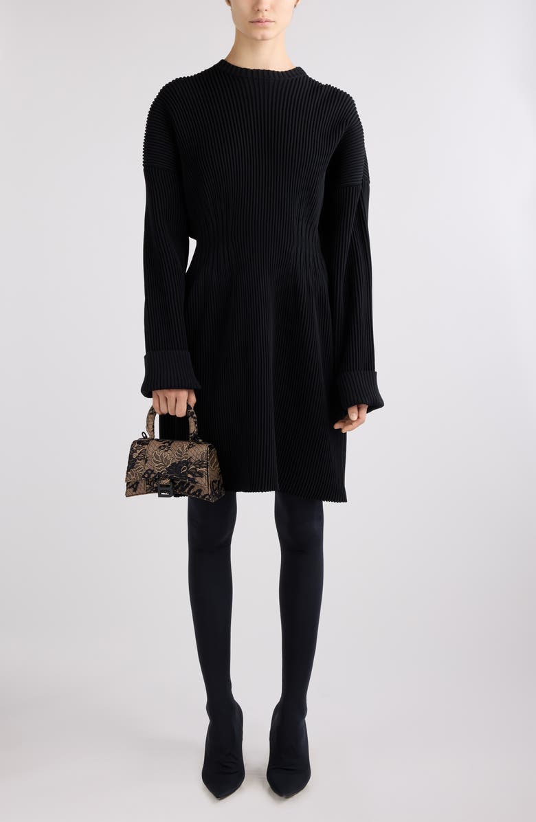 Balenciaga Hourglass Long Sleeve Rib Sweater Dress, Alternate, color, Black