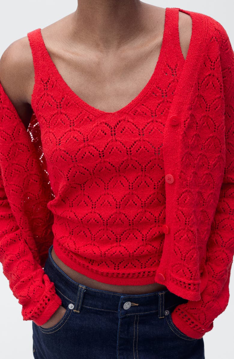 MANGO Pointelle Stitch Cotton Blend Cardigan, Alternate, color, Red