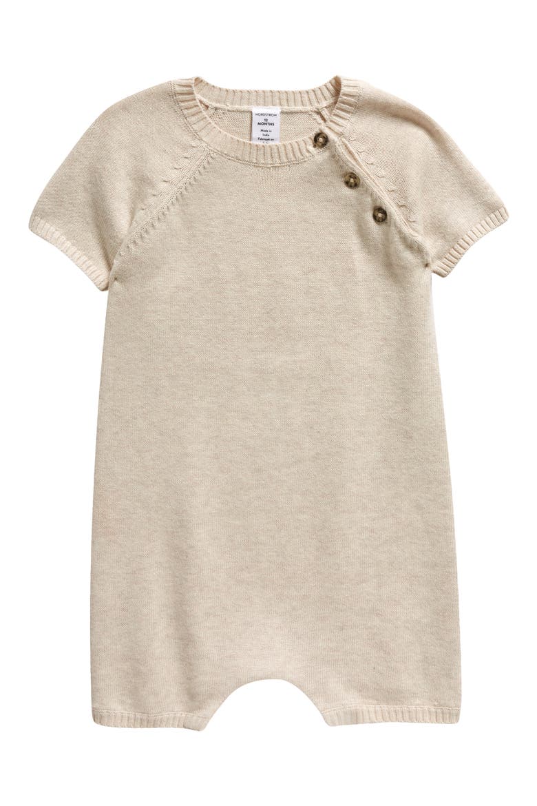 Raglan Sleeve Cotton Romper, Main, color, BEIGE OATMEAL LIGHT HEATHER