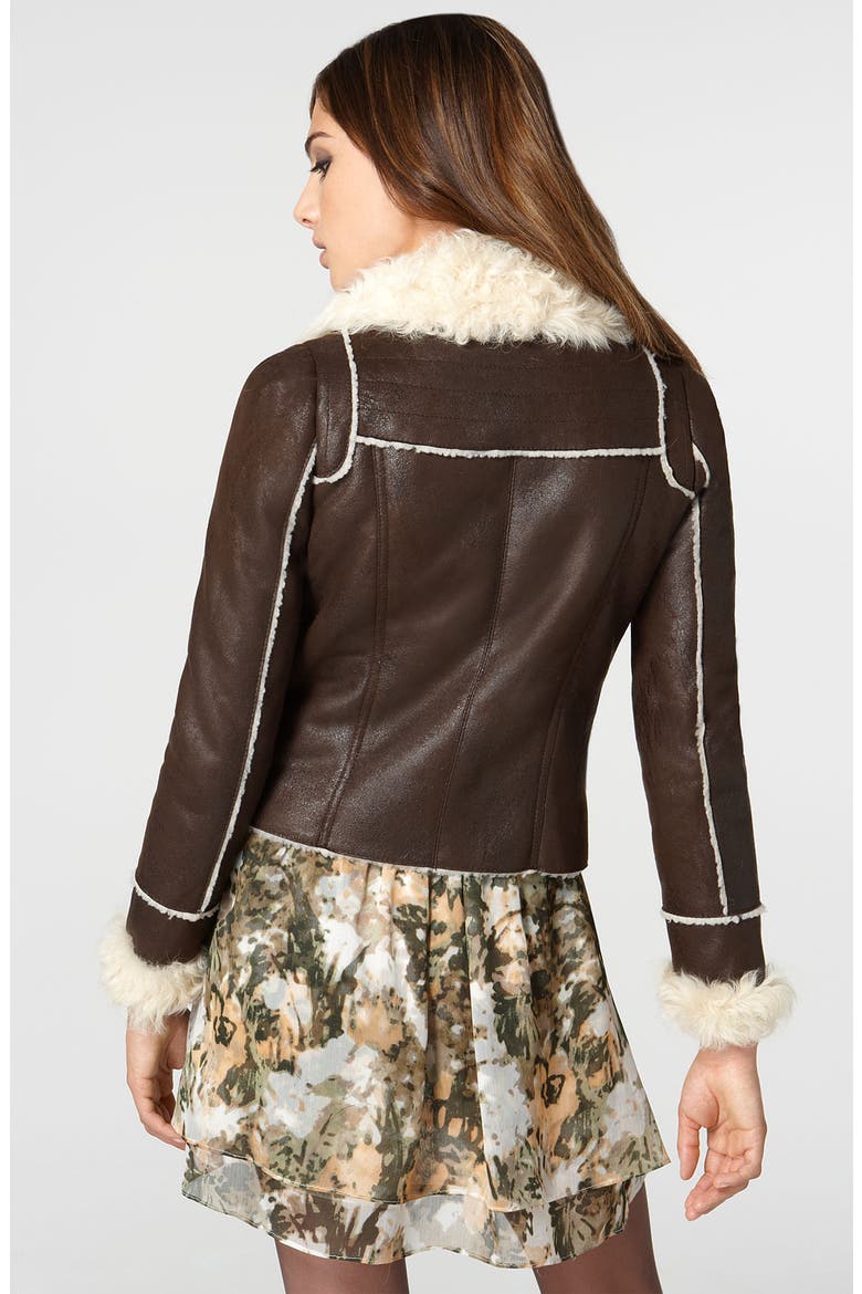 'Dree' Faux Leather Jacket with Genuine Shearling Cuffs & Collar, Alternate, color, BROWN