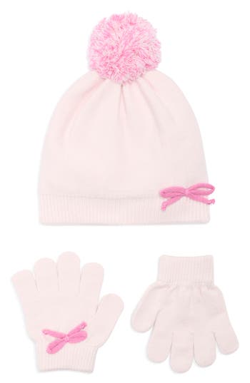 Toby Kids' Bow Pompom Beanie & Gloves Set In Pink
