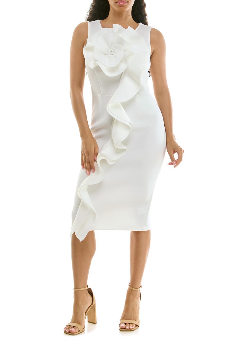 Oversize Rosette Ruffle Sheath Dress, Main, color, WHITE