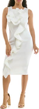 Nina Leonard Oversize Rosette Ruffle Sheath Dress