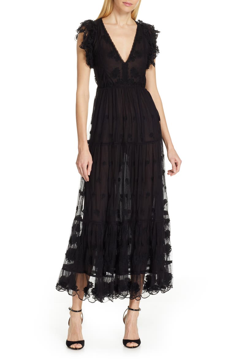 Fifi Embroidered Tulle Maxi Dress, Main, color, RAVEN
