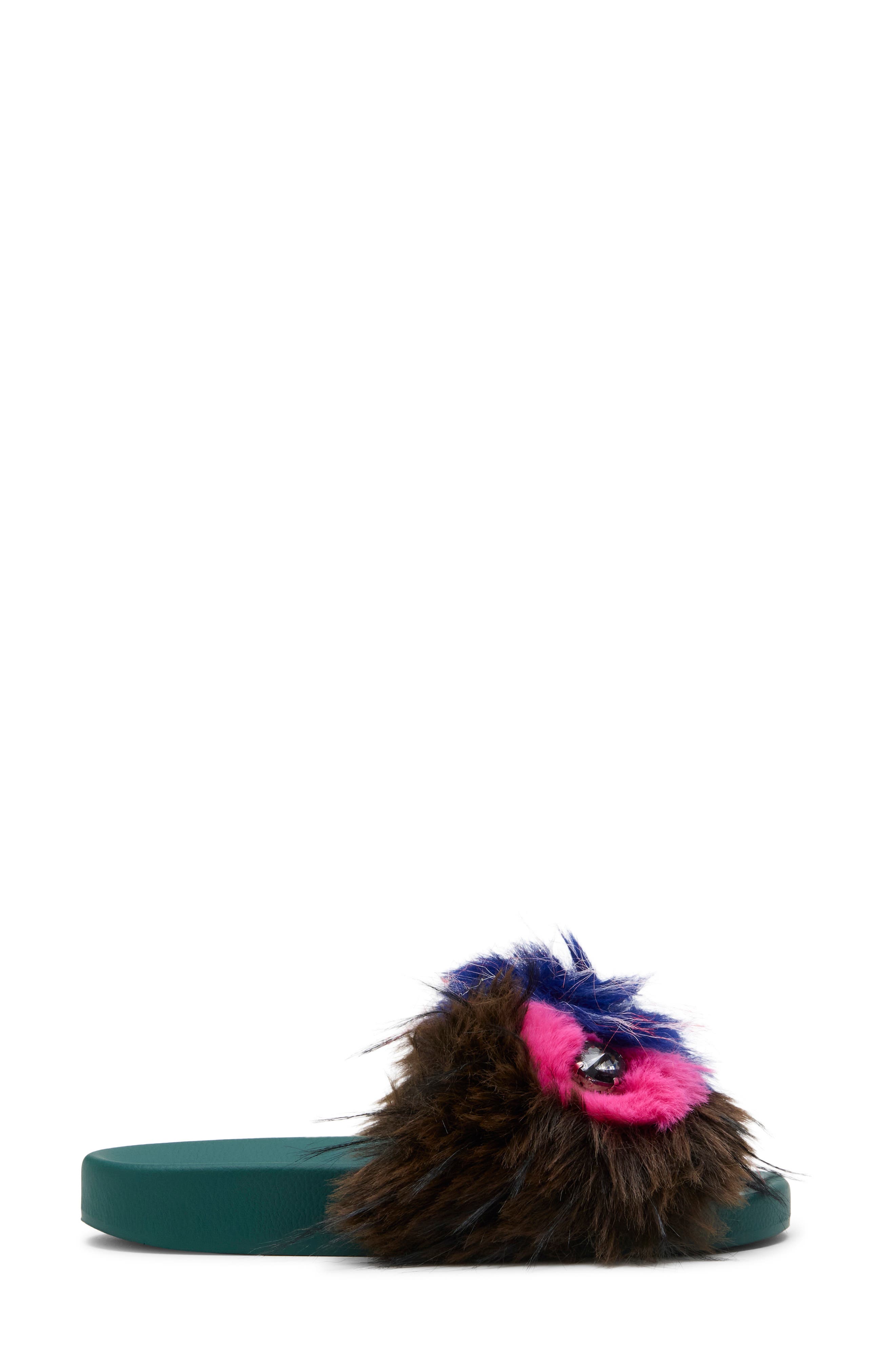 Meena Mascot Faux Fur Slide Sandal, Alternate, color, OPEN GREEN