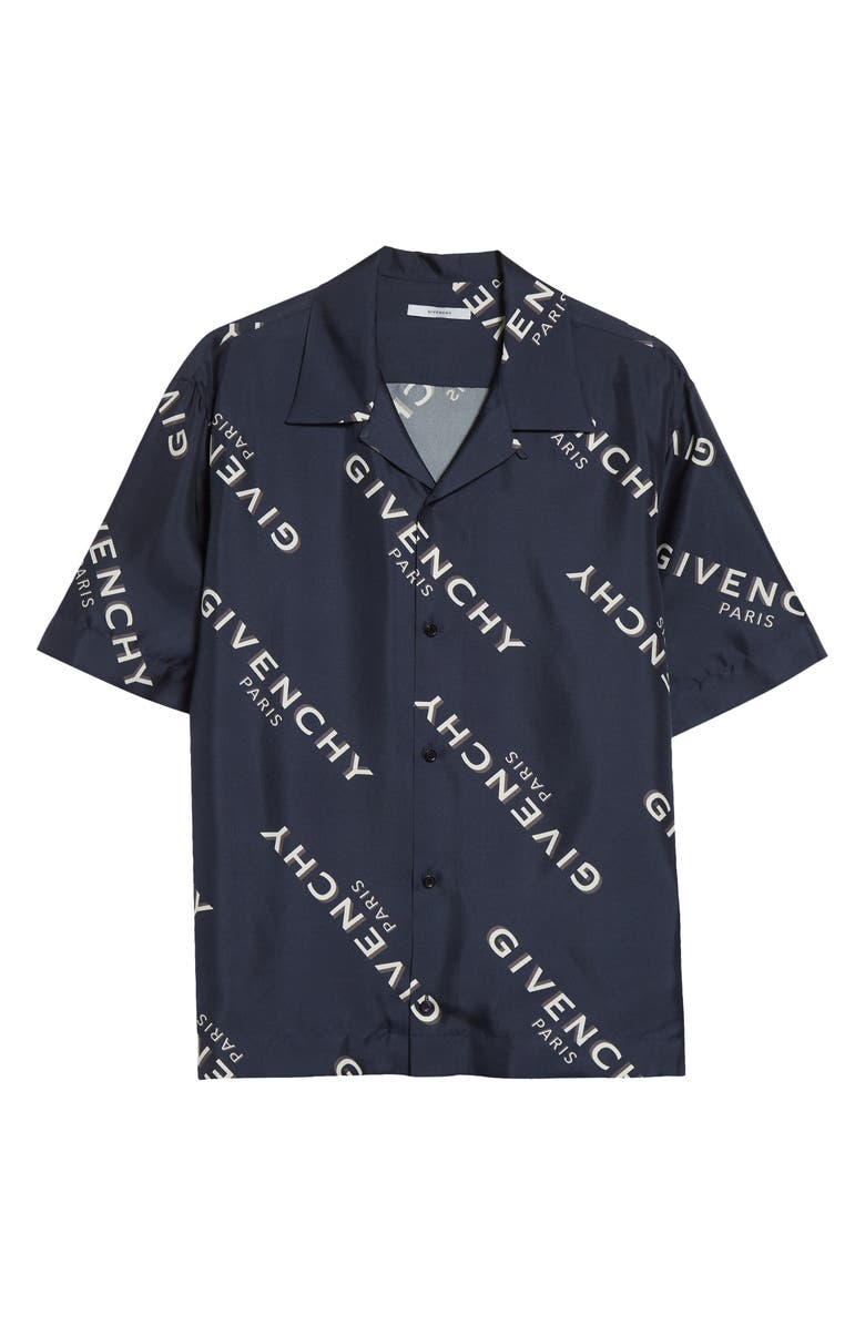 Givenchy Logo Print Silk Bowling Shirt, Alternate, color, Navy