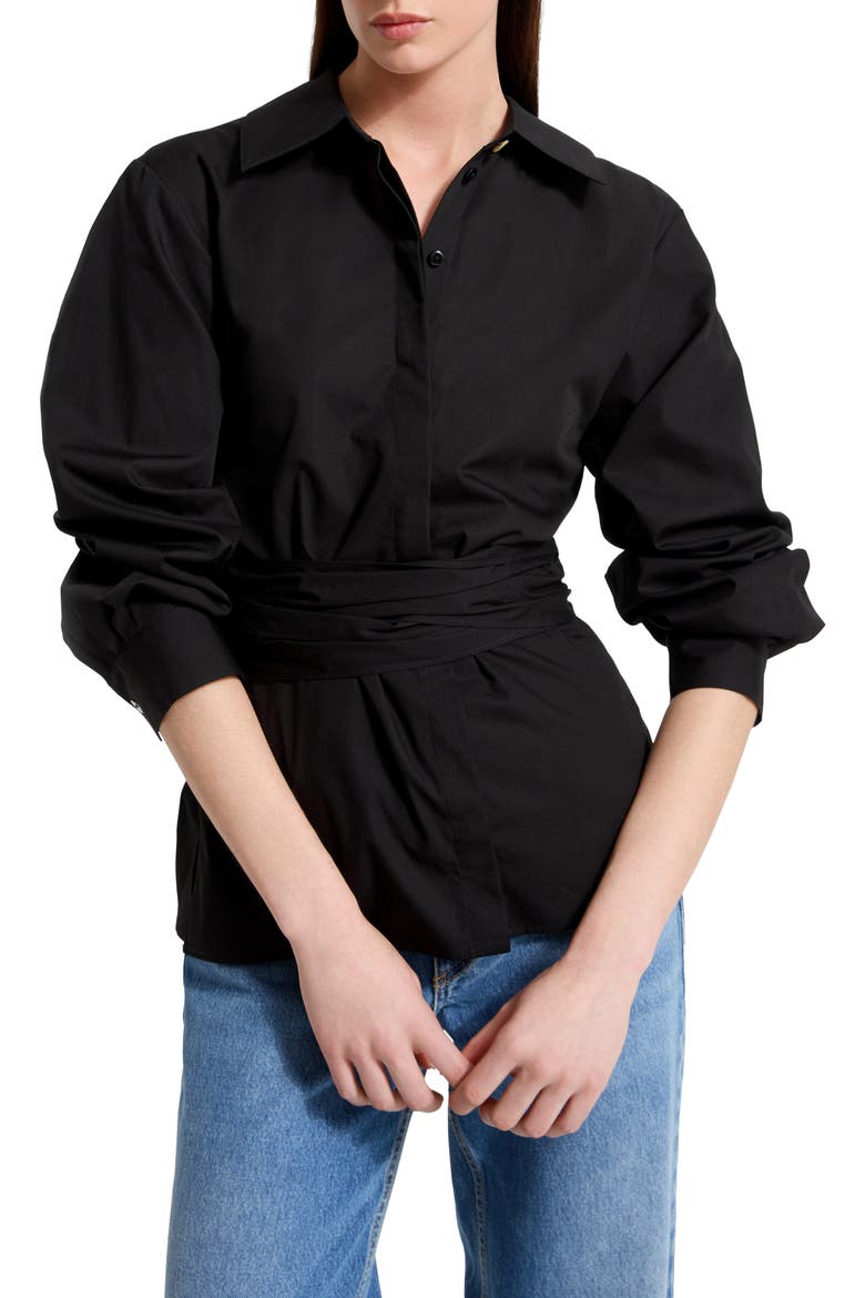 Ellory Ruched Sleeve Woven Shirt, Main, color, BLACK