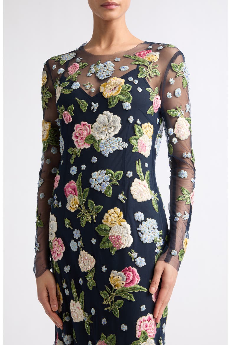 Floral Embroidered Sheer Long Sleeve Midi Dress, Alternate, color, MIDNIGHT