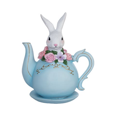 White Easter Bunny Blue Flower Teapot Decorative Figurine 6.5"