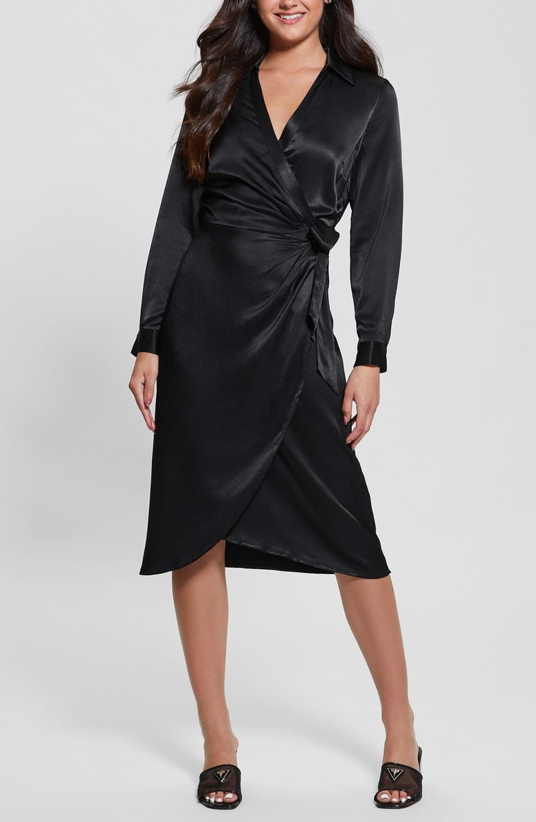 GUESS Clara Long Sleeve Satin Wrap Dress, Main, color,