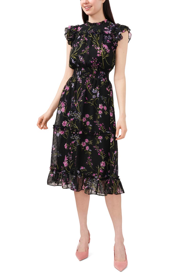 Floral Clip Dot Smocked Ruffle Midi Dress, Main, color, RICH BLACK
