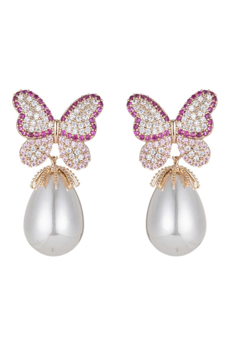 Jaci CZ Butterfly & Imitation Pearl Drop Earrings, Main, color, GOLD