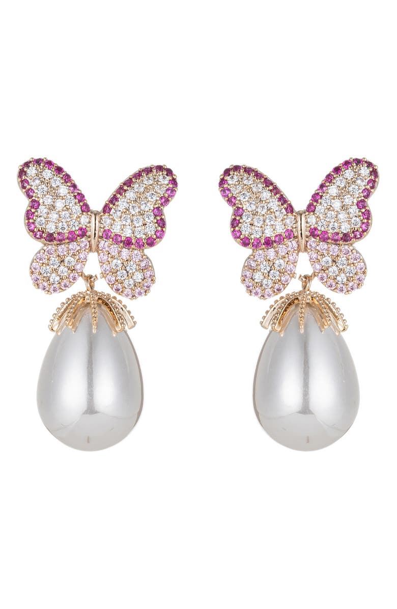 EYE CANDY LOS ANGELES Jaci CZ Butterfly & Imitation Pearl Drop Earrings, Main, color,