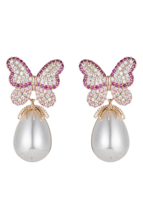 Jaci CZ Butterfly & Imitation Pearl Drop Earrings