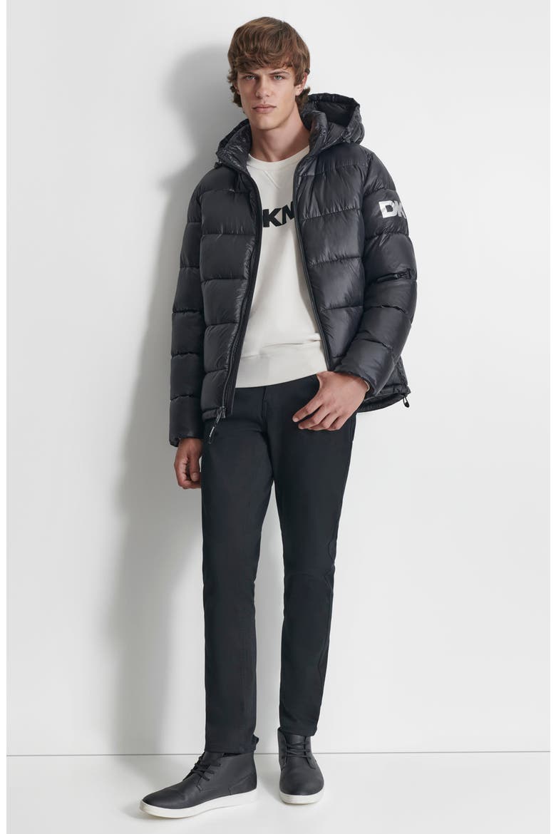 Hooded Nylon Puffer Jacket, Alternate, color, BLACK